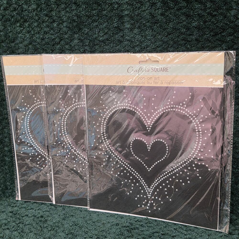 3 Pack Crafter’s Square Heart Iron On Rhinestone Transfer Patch DIY Shirt Decor